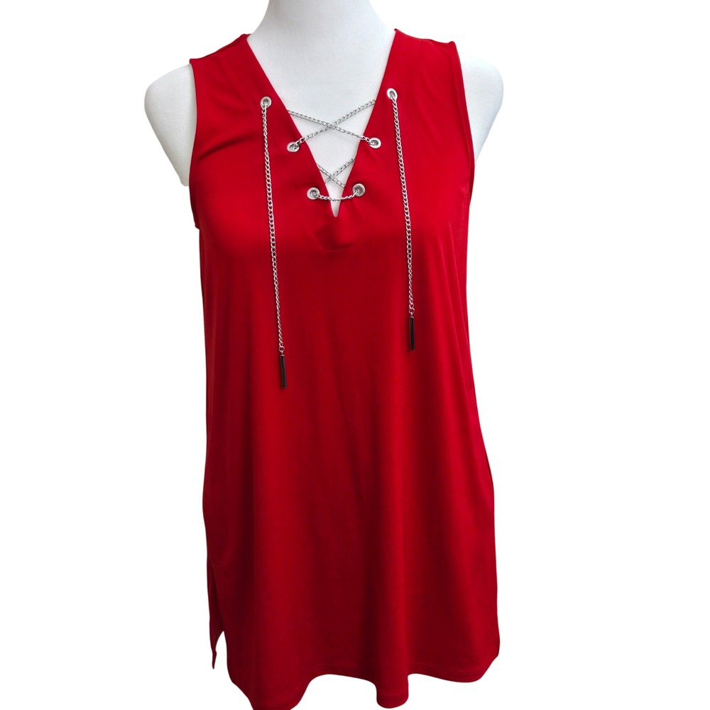 Michael Kors Red Sleeveless Chain Lace Up V Neck‎ Tunic Medium Top Chic Casual